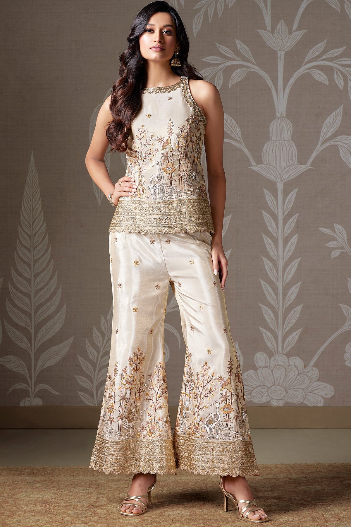 Beige Tissue Floral Embroidered Co-Ord Set