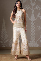 Beige Tissue Floral Embroidered Co-Ord Set