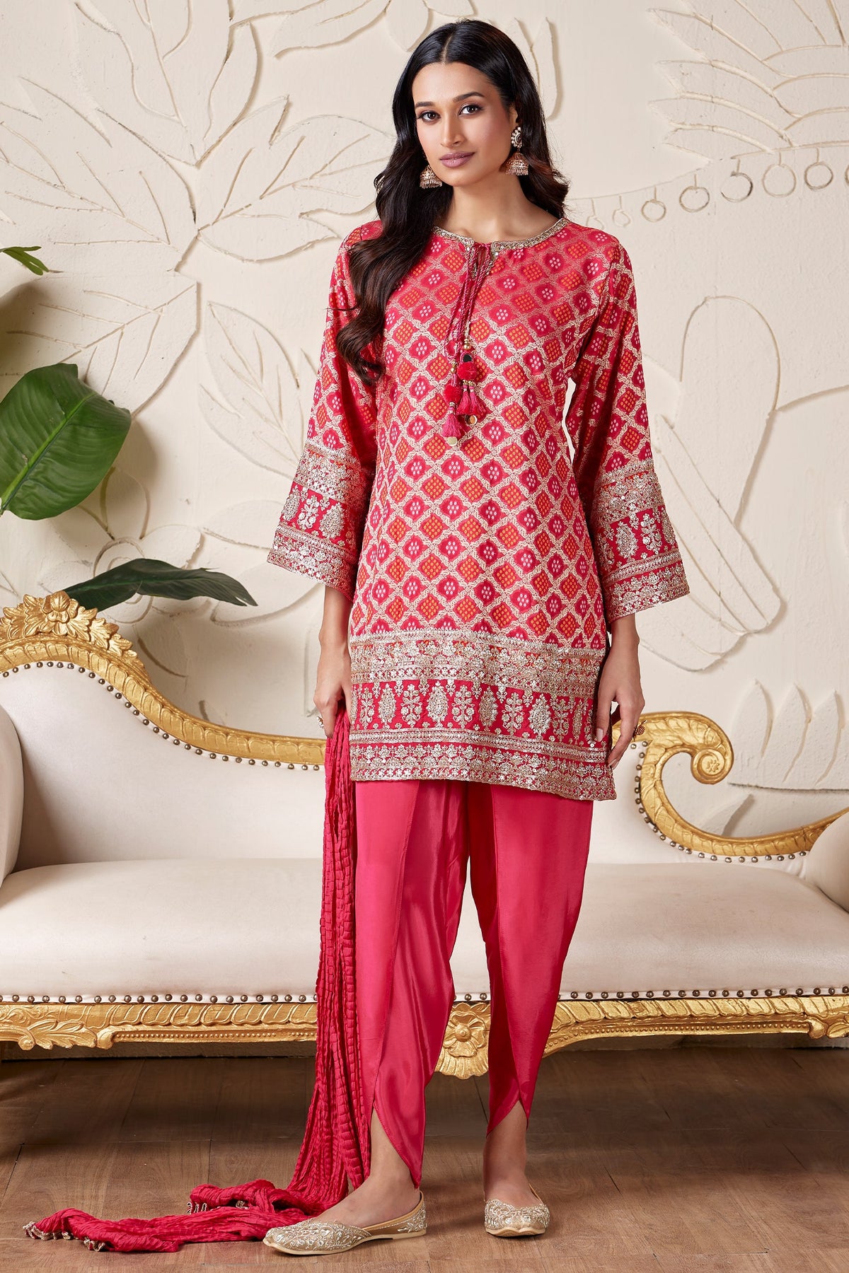 Pink Georgette Bandhej Dhoti Suit with Zardosi Work