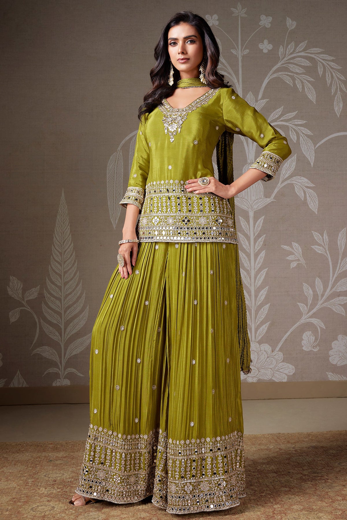 Olive Green Chinon Silk Mirror Worked Palazzo Suit