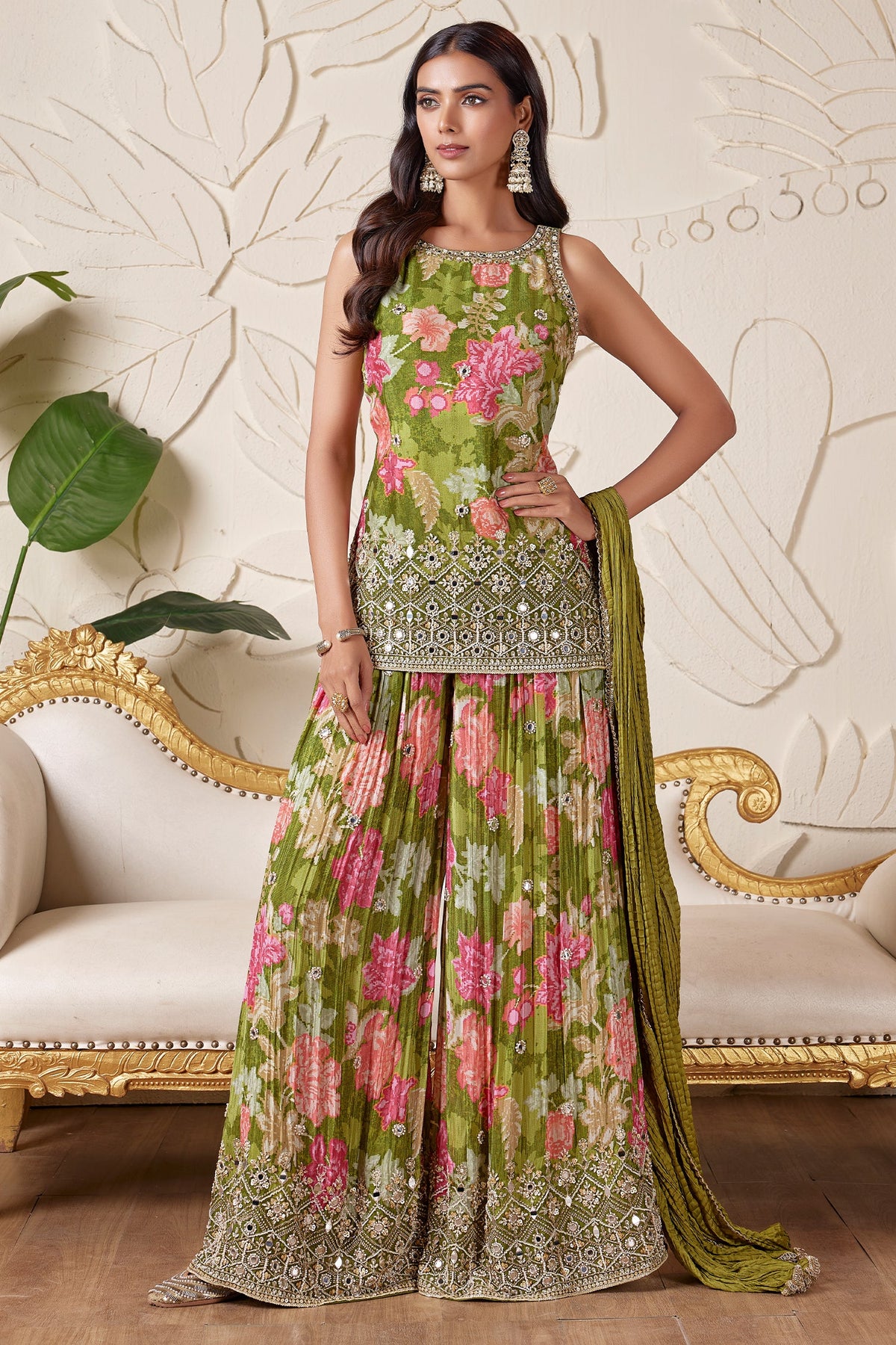 Green Velvet Floral Printed Palazzo Suit with Mirror and Sequin Cutdana Work