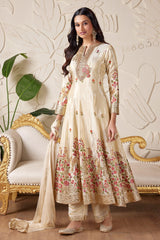 Beige Tissue Floral Embroidered and Bird Motif Anarkali Suit