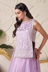 Lilac Purple Glass Tissue Organza Floral Embroidered Indo Western Suit