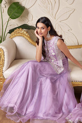 Lilac Purple Glass Tissue Organza Floral Embroidered Indo Western Suit