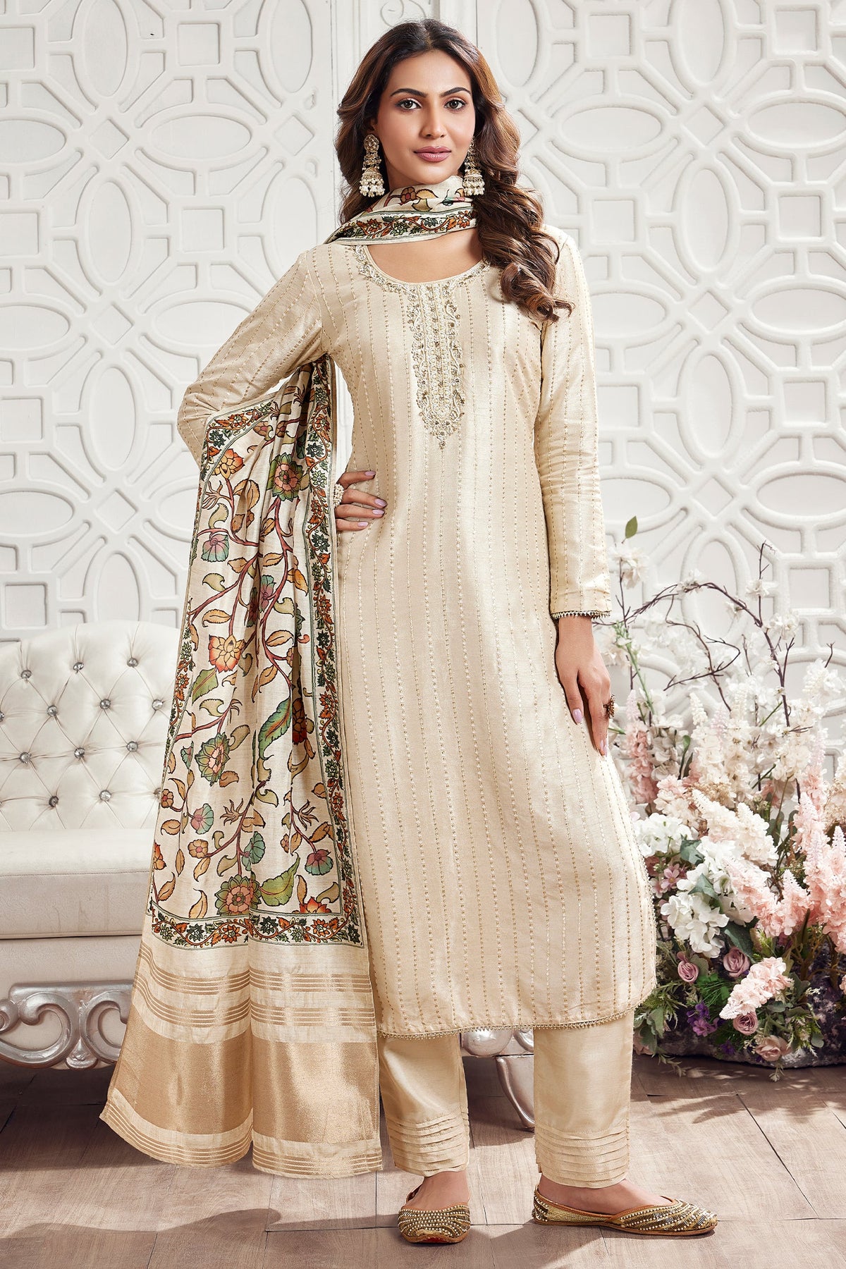 Beige Art Silk Beaded and Sequin Worked Straight Cut Suit