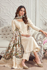 Beige Art Silk Beaded and Sequin Worked Straight Cut Suit