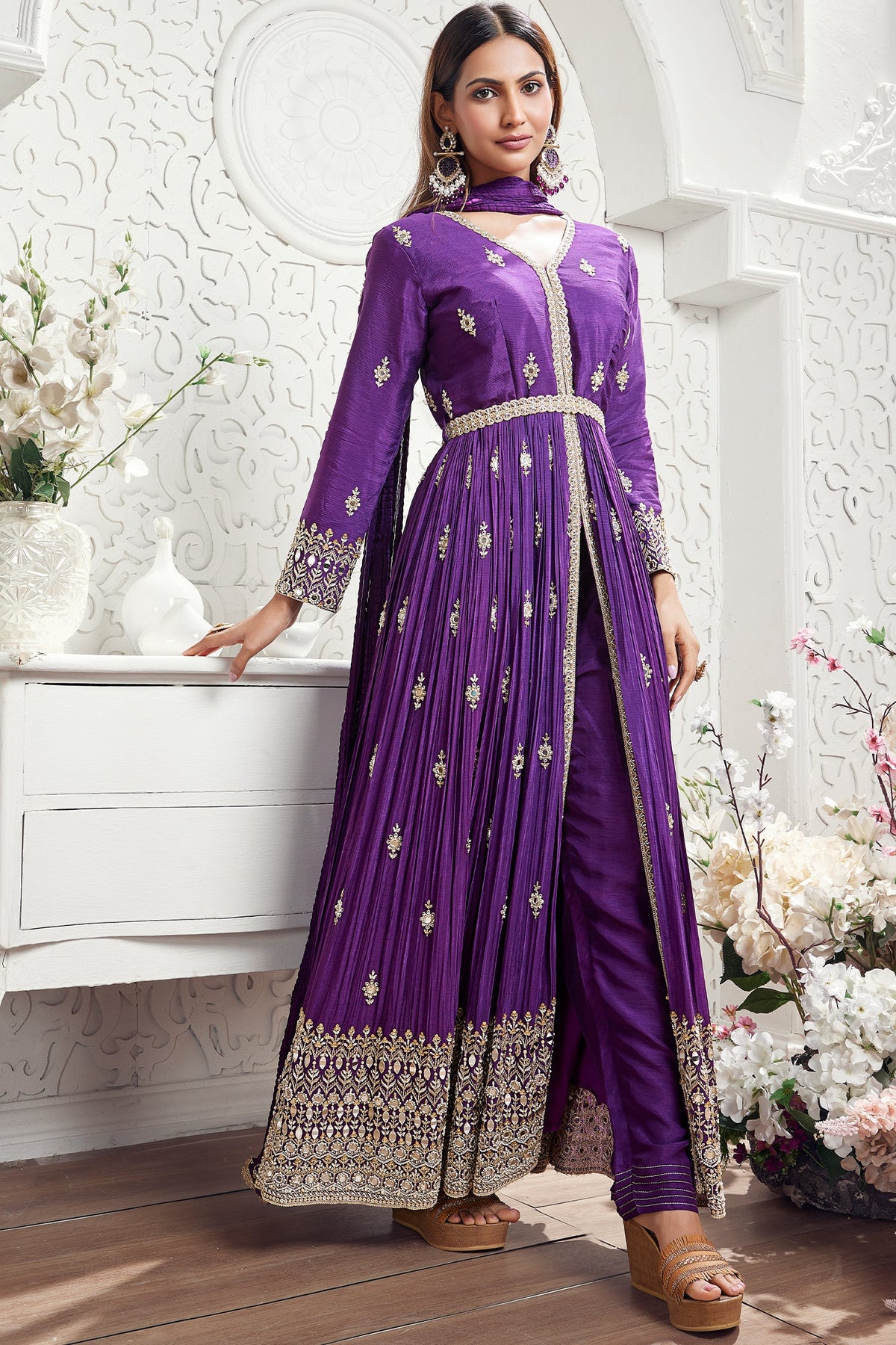 Dark Violet Chinon Georgette Mirror Cutdana Worked Slit Cut Suit