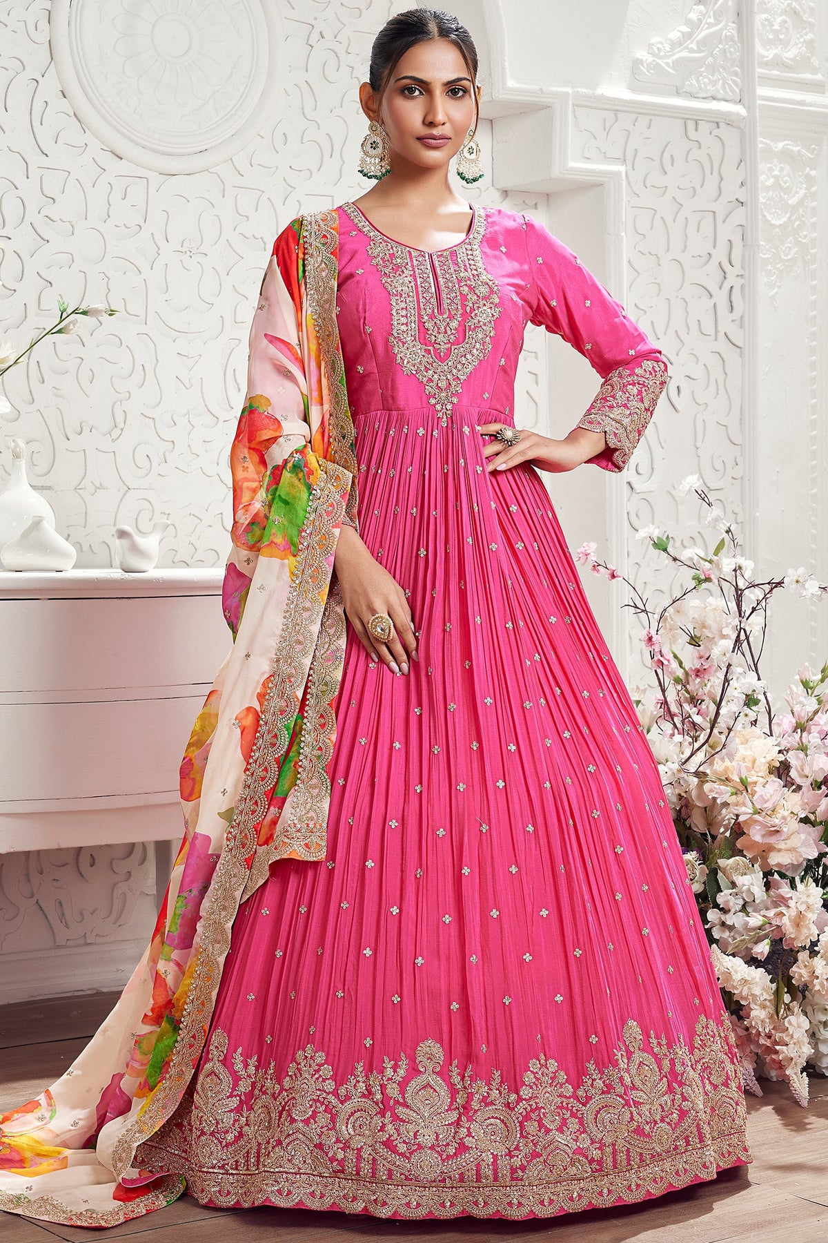 Pink Chinon Georgette Sequinned Anarkali Suit