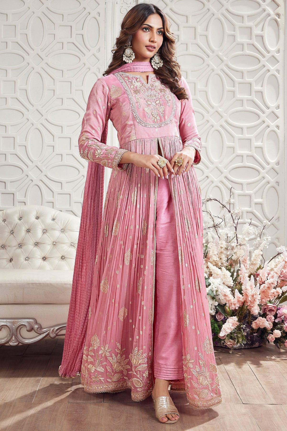 Light Pink Tissue Silk Slit Cut Suit with Cutdana and Beads Work