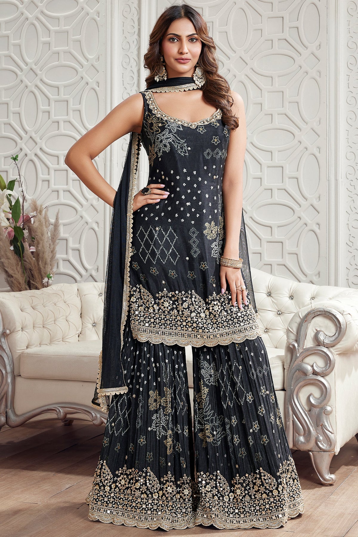 Black Chinon Printed Sharara Suit with Mirror and Sequin Cutdana Work