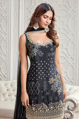 Black Chinon Printed Sharara Suit with Mirror and Sequin Cutdana Work
