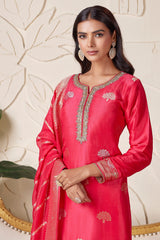 Pink Satin Organza Straight Cut Suit with Weaving