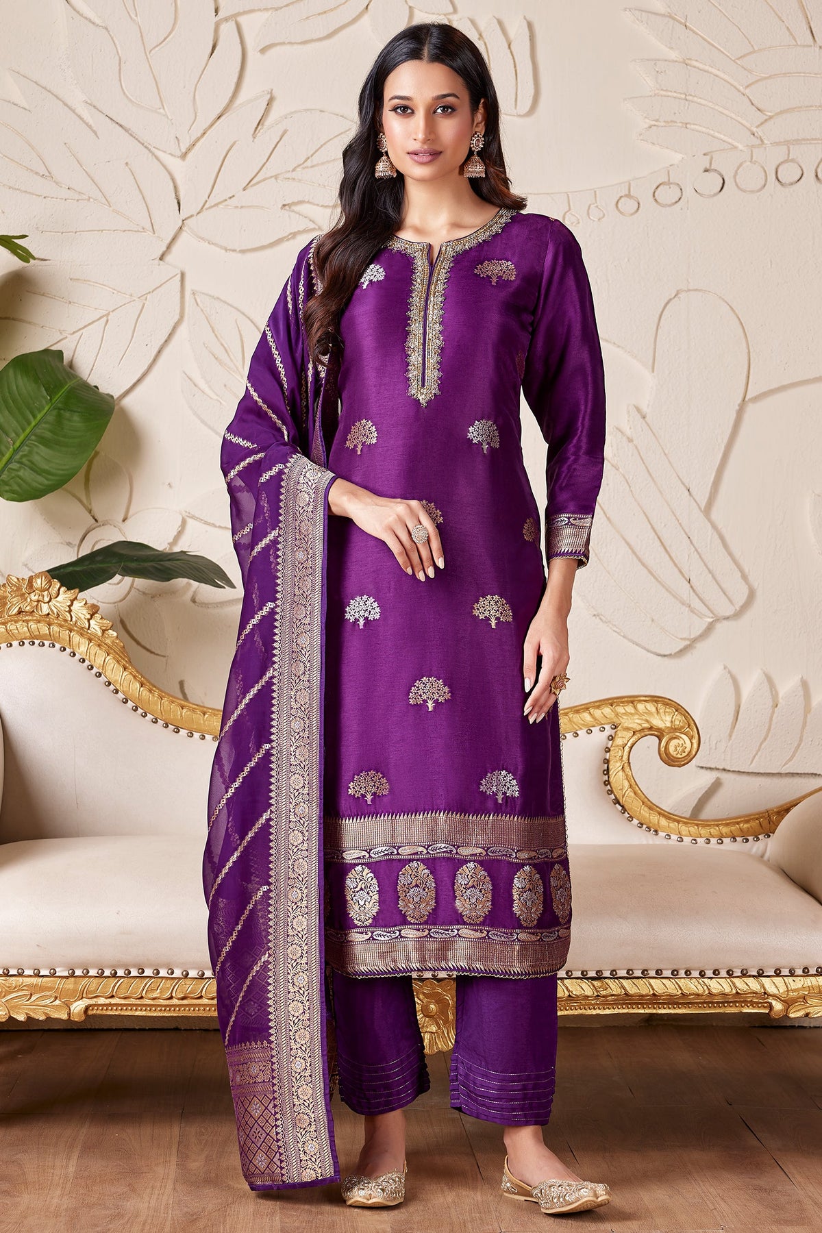 Dark Violet Purple Satin Organza Straight Cut Suit with Weaving
