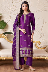 Dark Violet Purple Satin Organza Straight Cut Suit with Weaving