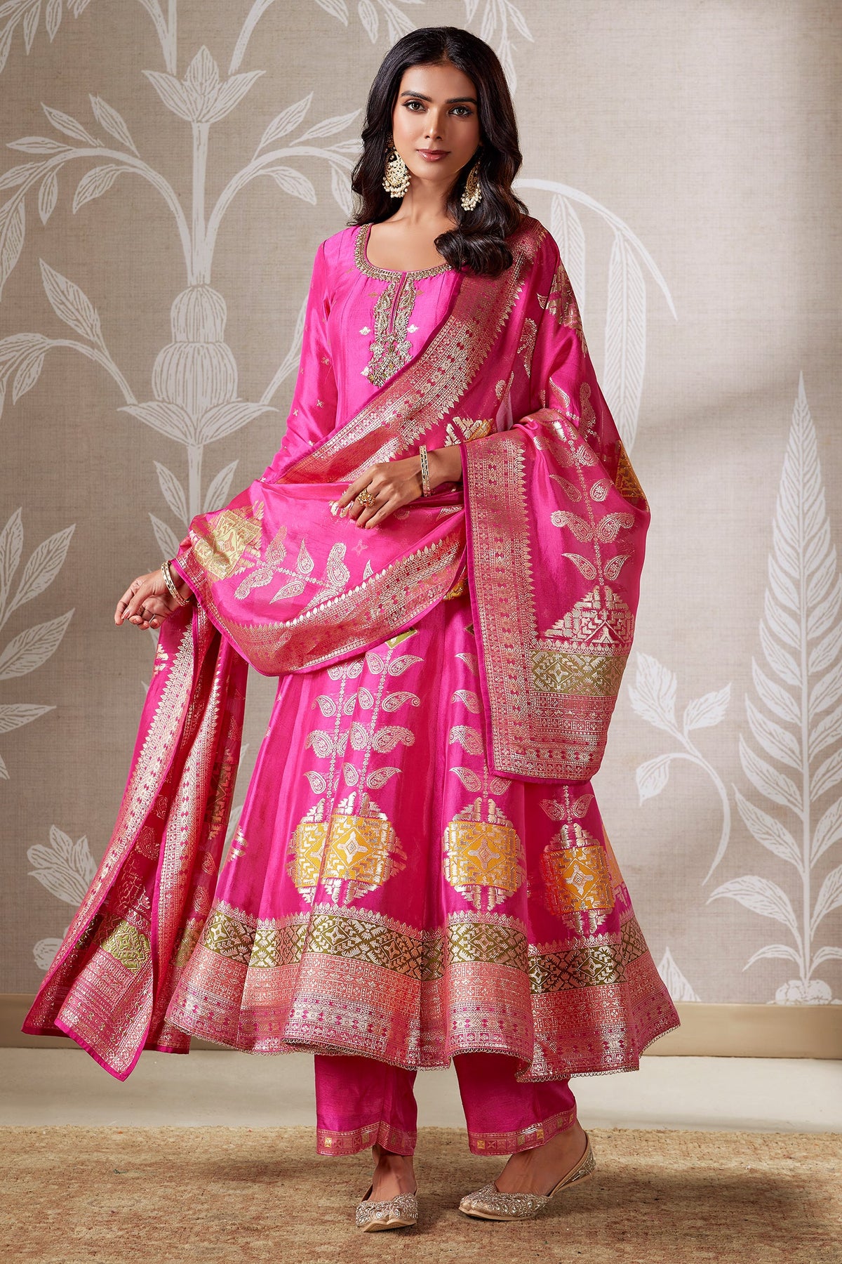 Pink Organza Banarasi Weaving Anarkali Suit