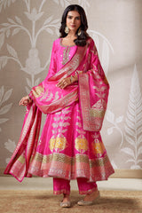 Pink Organza Banarasi Weaving Anarkali Suit
