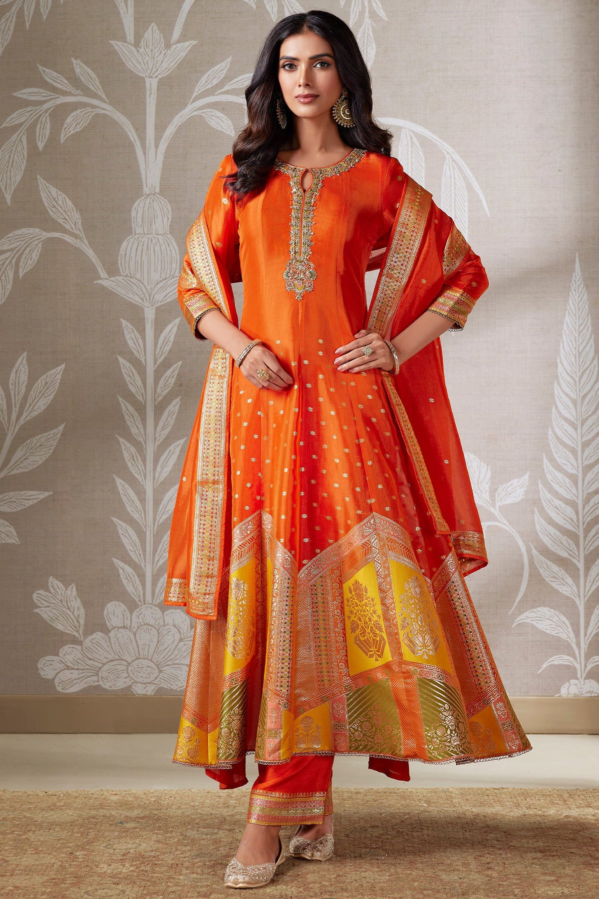 Orange Organza Banarasi Weave Anarkali Suit