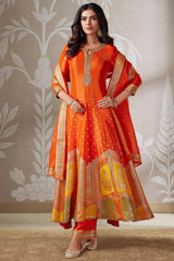 Orange Organza Banarasi Weave Anarkali Suit