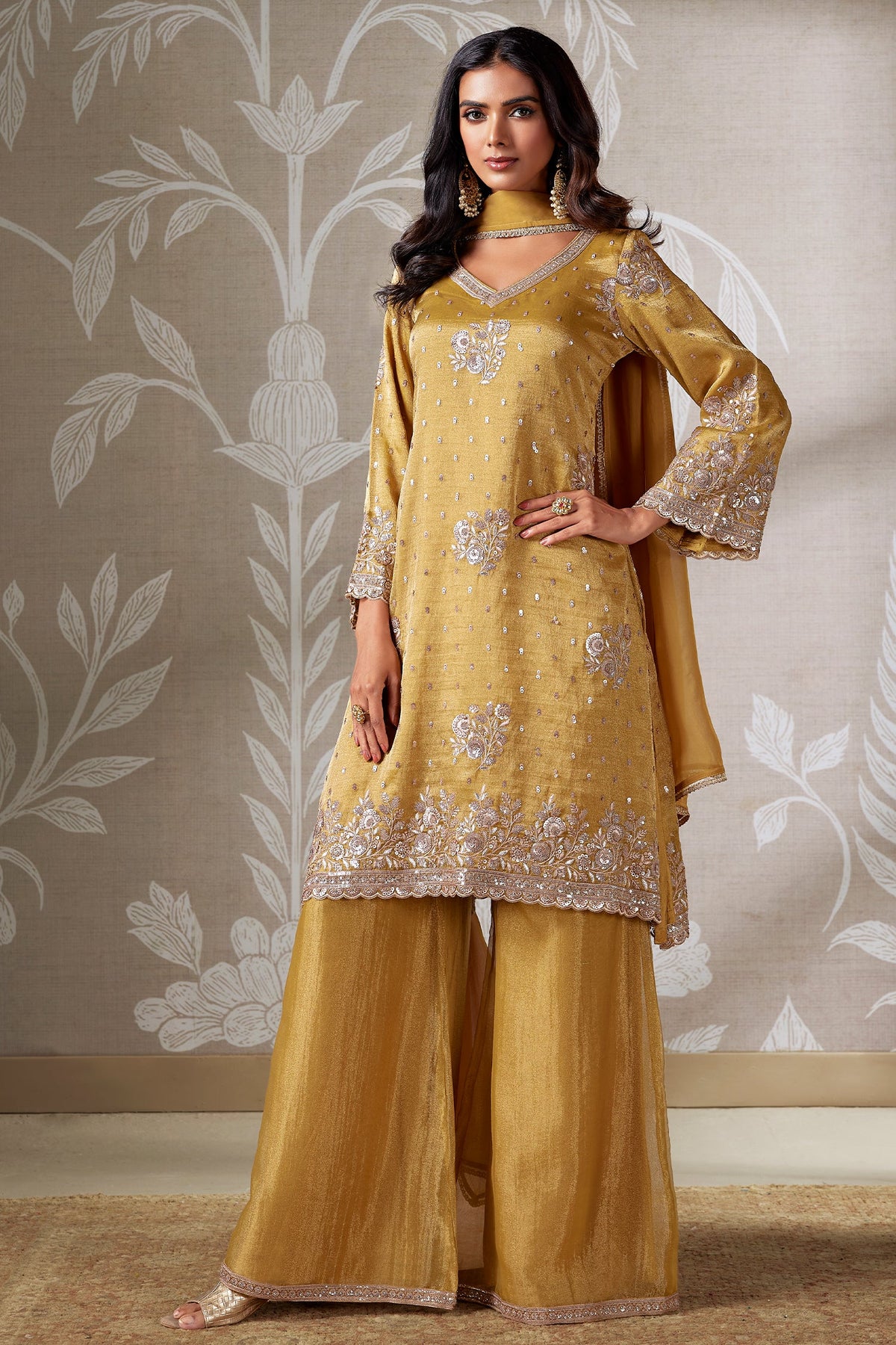 Golden Tissue Silk Sequinned Palazzo Suit