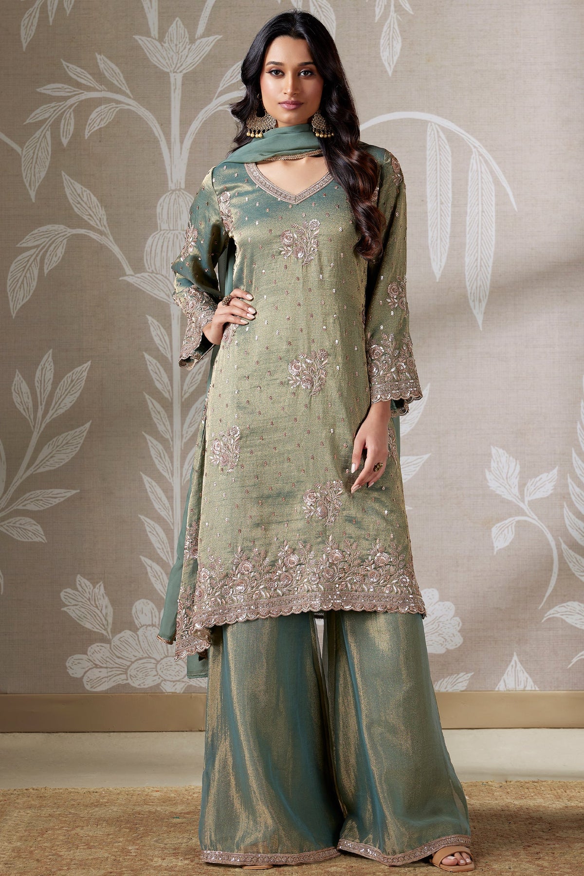 Green Tissue Silk Sequinned Palazzo Suit
