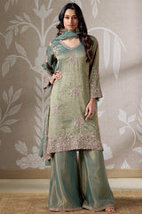 Green Tissue Silk Sequinned Palazzo Suit