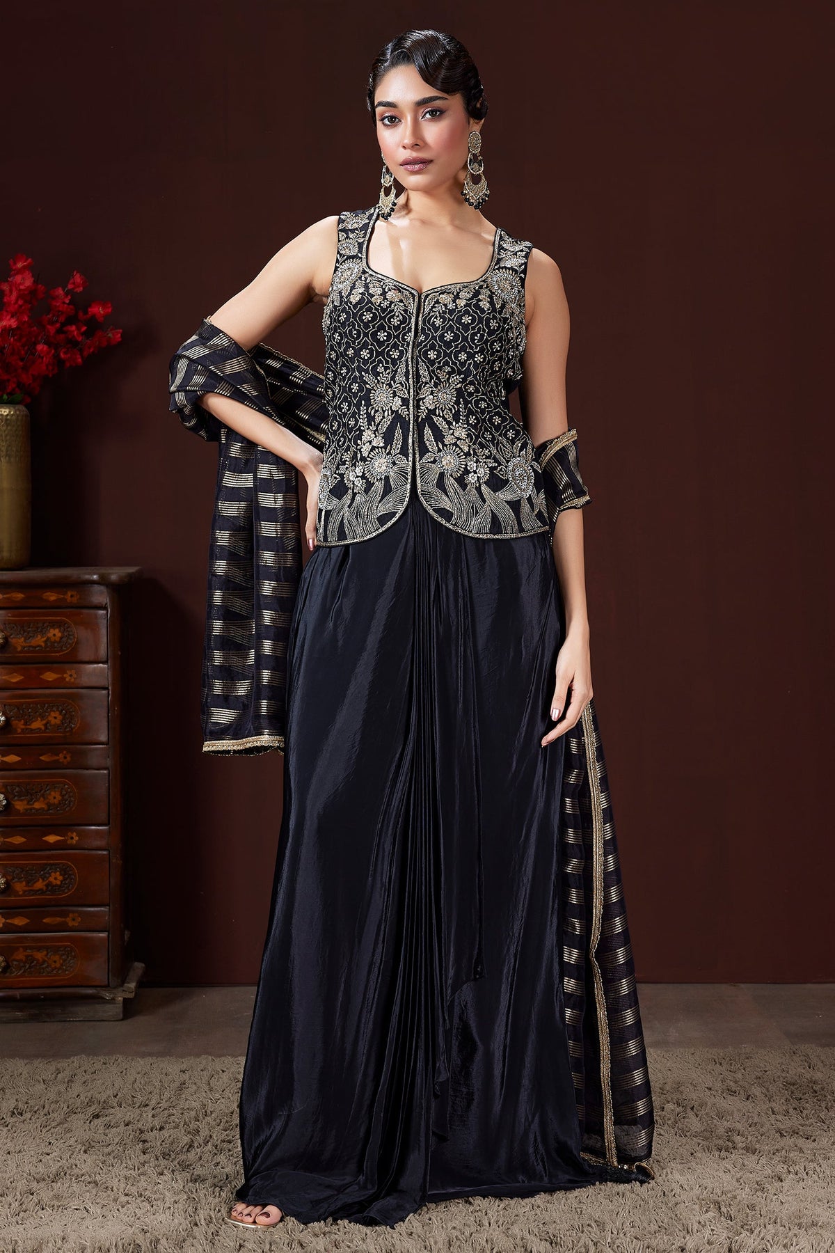 Black Raw Silk Embroidered Corset and Pleated Skirt Set