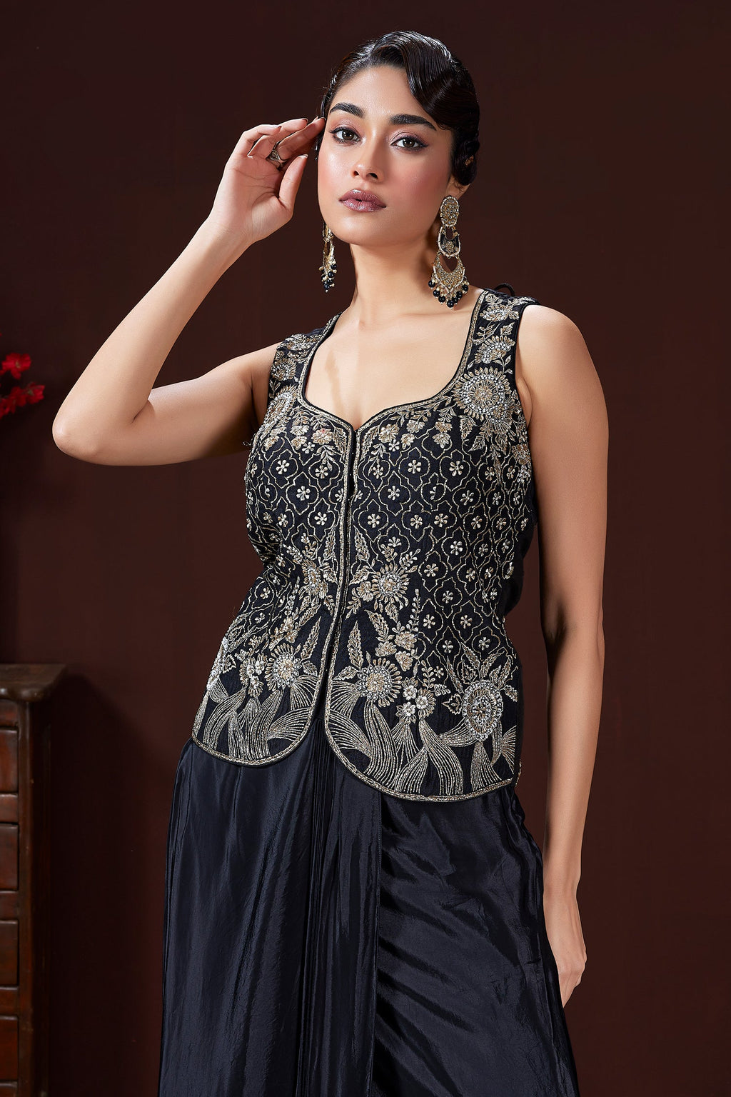 Black Raw Silk Embroidered Corset and Pleated Skirt Set - red silk saree embroidered
