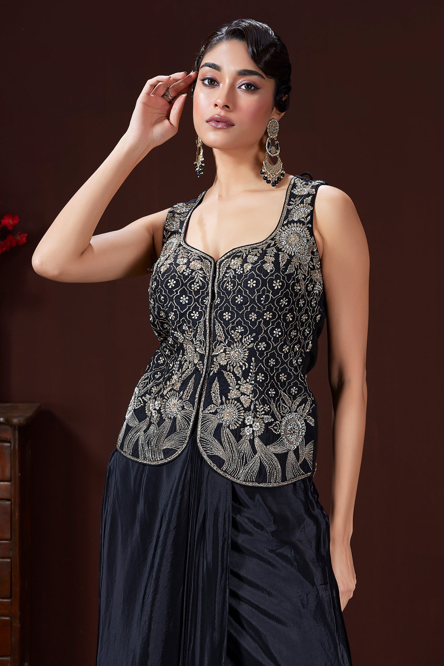 Black Raw Silk Embroidered Corset and Pleated Skirt Set - red silk saree embroidered