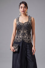 Black Raw Silk Embroidered Corset and Pleated Skirt Set - red silk saree embroidered