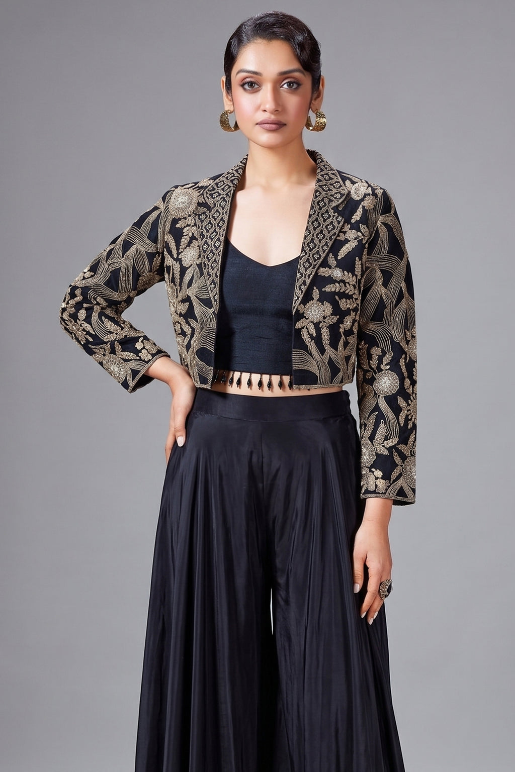 Black Raw Silk Embroidered Crop Top Palazzo Set with Short Jacket - red silk saree embroidered