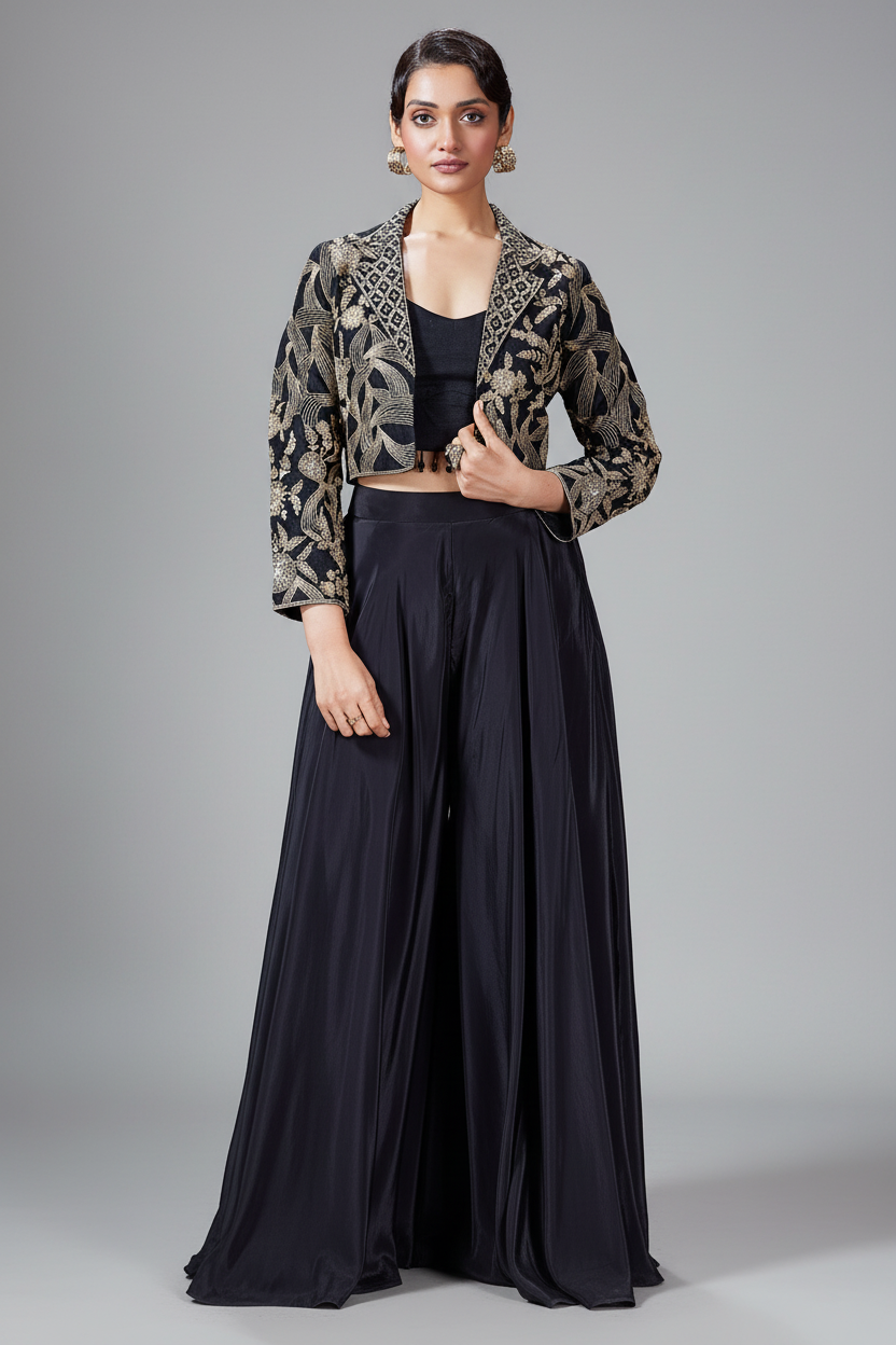 Black Raw Silk Embroidered Crop Top Palazzo Set with Short Jacket - red silk saree embroidered Main image