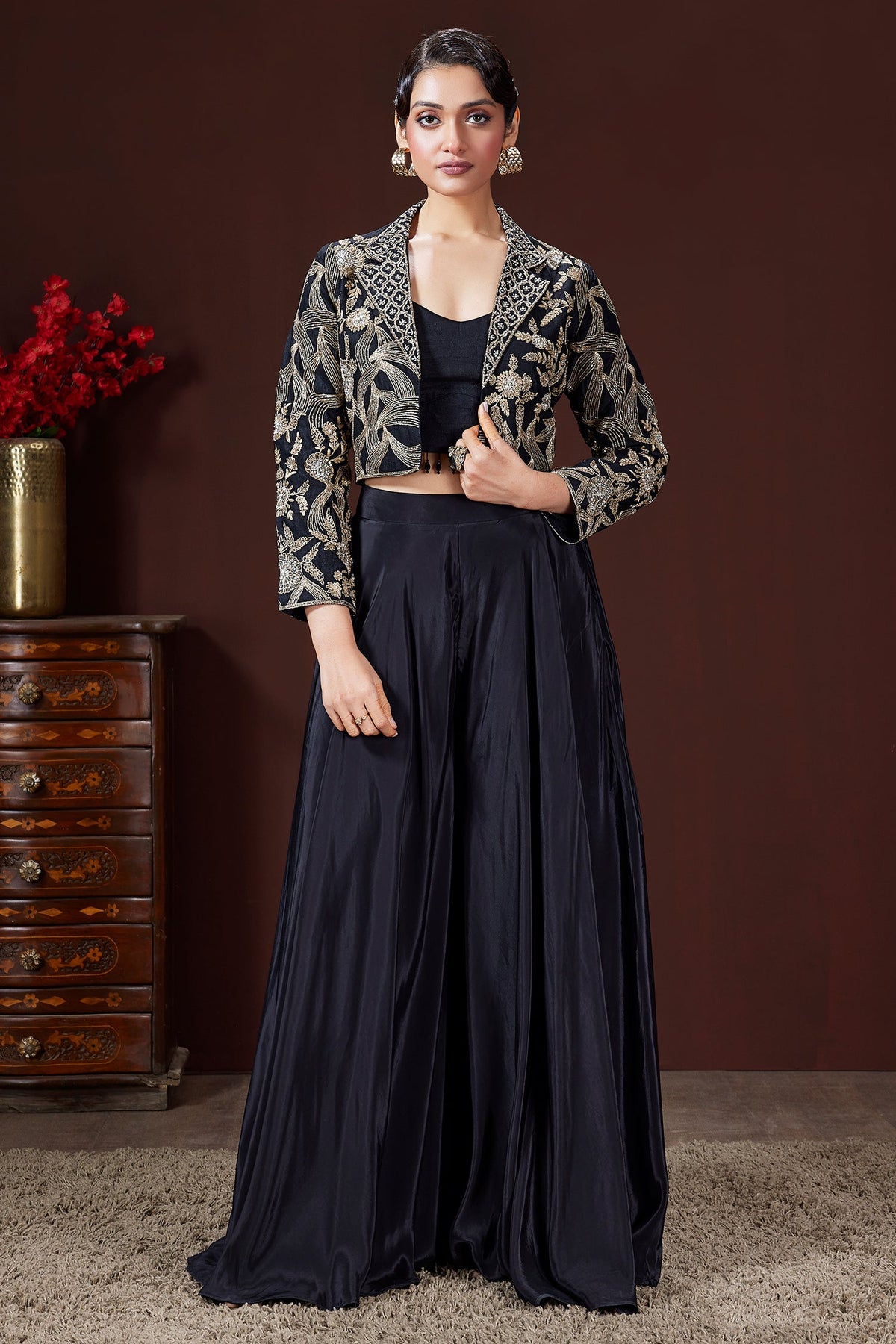 Black Raw Silk Embroidered Crop Top Palazzo Set with Short Jacket - red silk saree embroidered