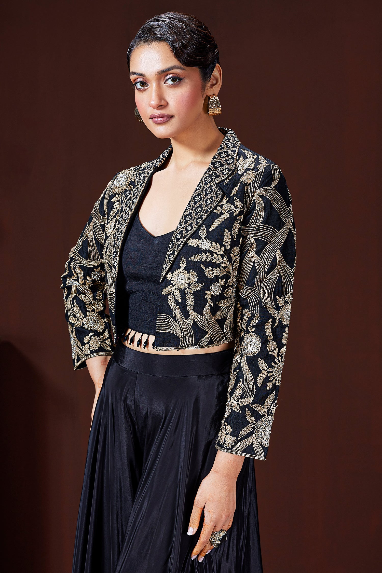 Black Raw Silk Embroidered Crop Top Palazzo Set with Short Jacket - red silk saree embroidered