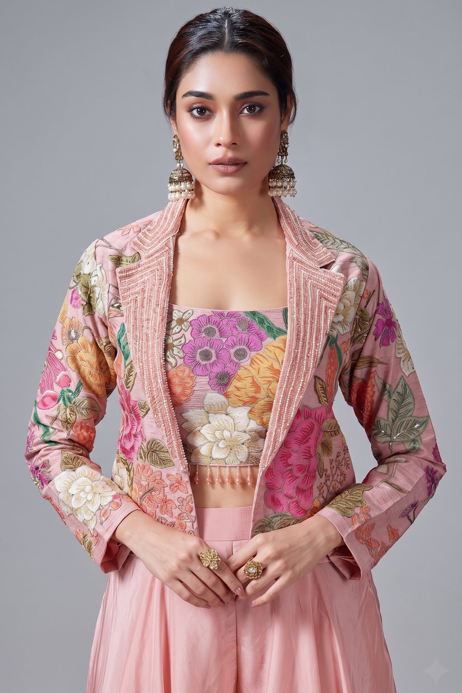 Light Pink Crush Silk Floral Printed Crop Top Palazzo Set with Short Jacket and Bead Work - pink silk saree