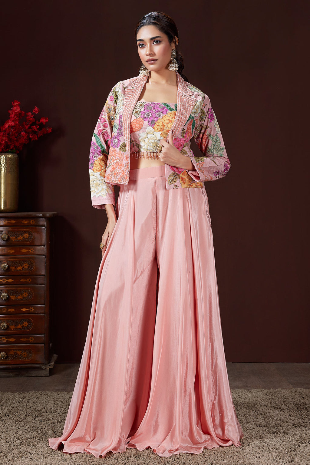 Light Pink Crush Silk Floral Printed Crop Top Palazzo Set with Short Jacket and Bead Work - pink silk saree