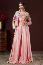 Light Pink Crush Silk Floral Printed Crop Top Palazzo Set with Short Jacket and Bead Work - pink silk saree