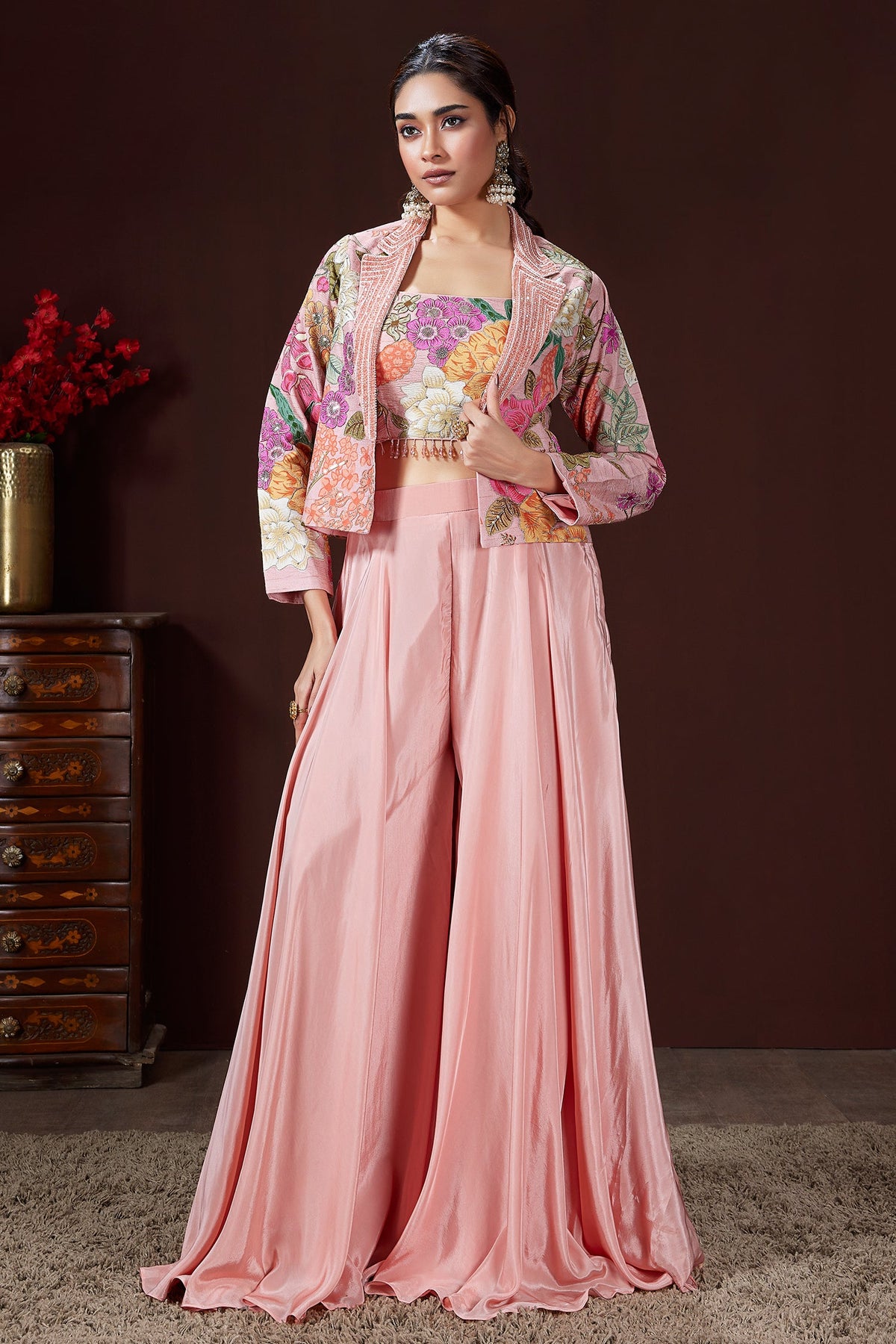 Light Pink Crush Silk Floral Printed Crop Top Palazzo Set with Short Jacket and Bead Work