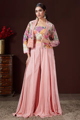 Light Pink Crush Silk Floral Printed Crop Top Palazzo Set with Short Jacket and Bead Work