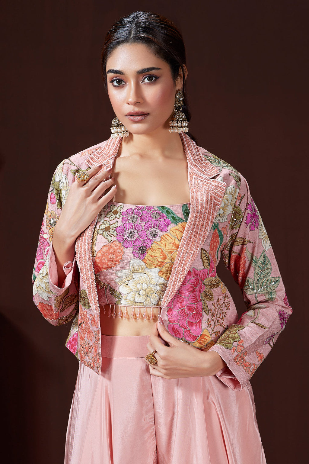 Light Pink Crush Silk Floral Printed Crop Top Palazzo Set with Short Jacket and Bead Work - pink silk saree