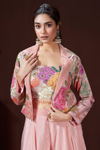 Light Pink Crush Silk Floral Printed Crop Top Palazzo Set with Short Jacket and Bead Work - pink silk saree