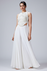 Pearl White Crepe Silk Corset Top and Palazzo Set with Sequin and Cutdana Bead Work