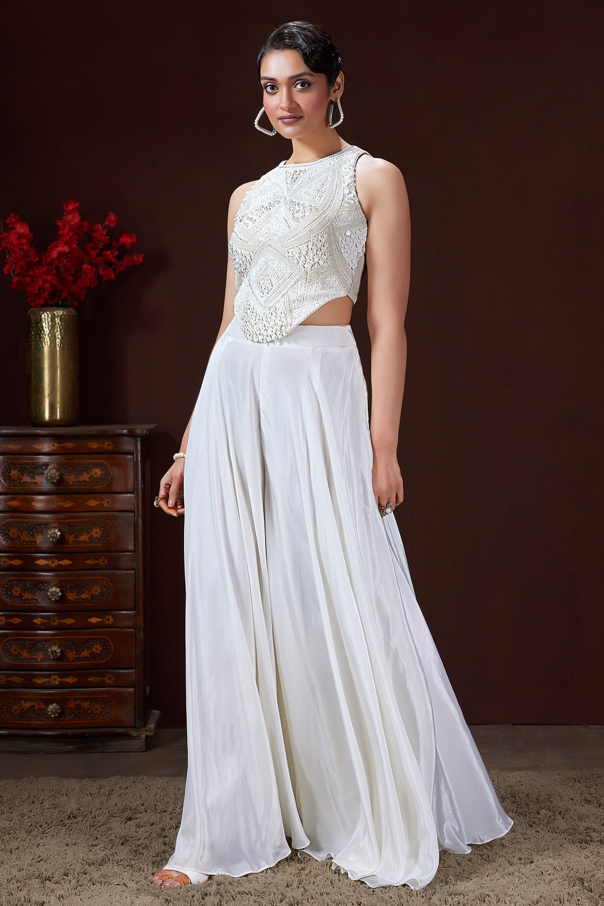 Pearl White Crepe Silk Corset Top and Palazzo Set with Sequin and Cutdana Bead Work