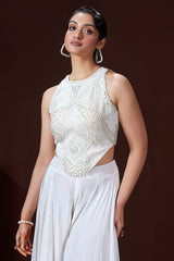 Pearl White Crepe Silk Corset Top and Palazzo Set with Sequin and Cutdana Bead Work