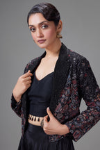 Black Raw Silk Crop Top Palazzo Set with Embroidery and Sequin Work Jacket - black silk saree embroidery