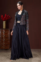 Black Raw Silk Crop Top Palazzo Set with Embroidery and Sequin Work Jacket - black silk saree embroidery