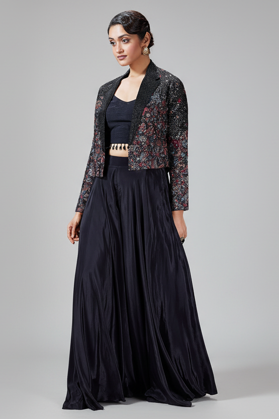 Black Raw Silk Crop Top Palazzo Set with Embroidery and Sequin Work Jacket - black silk saree embroidery