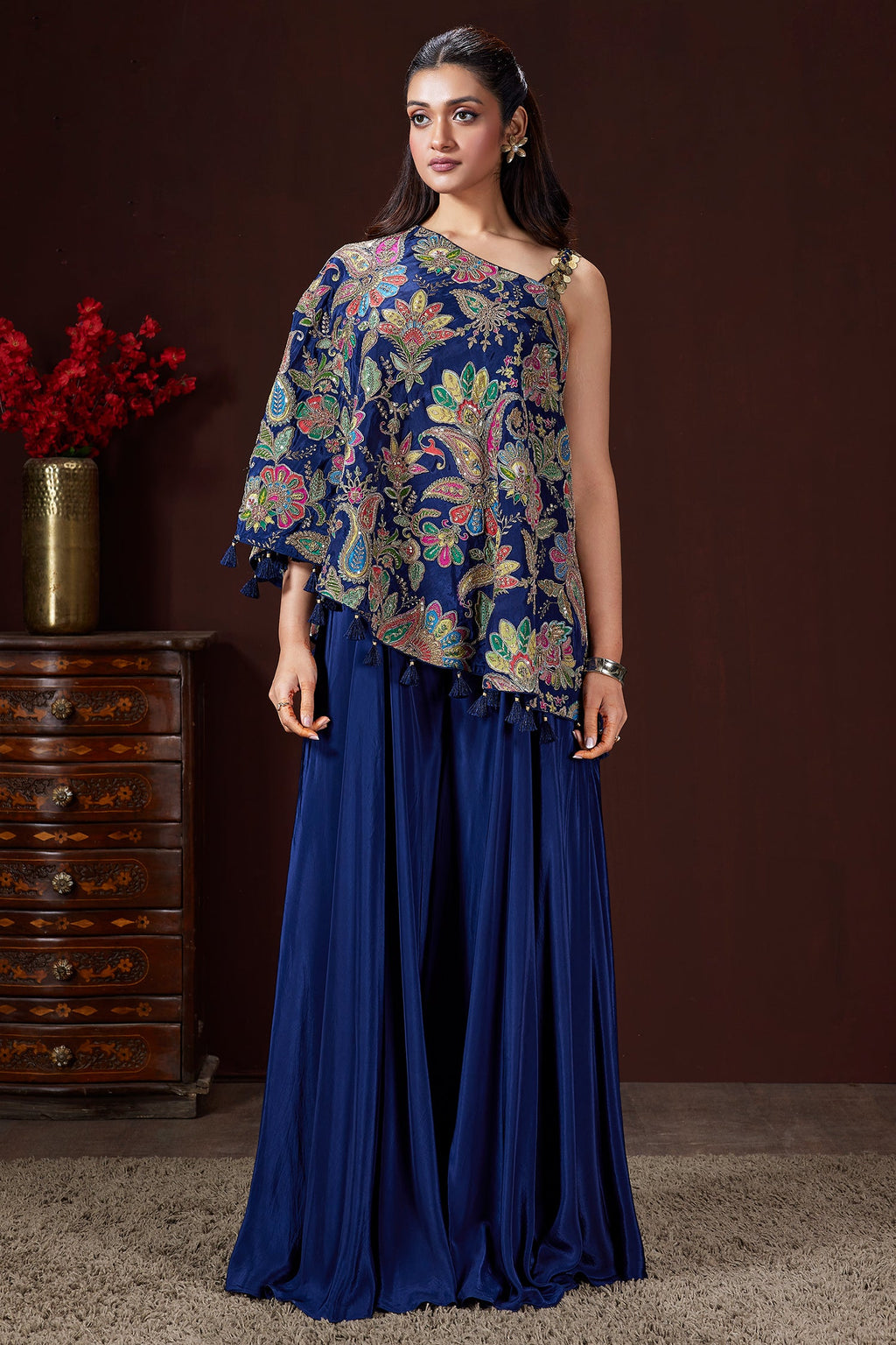 Blue Crepe Satin Silk Printed One Shoulder Asymmetrical Top and Palazzo Set - blue silk saree