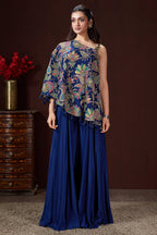 Blue Crepe Satin Silk Printed One Shoulder Asymmetrical Top and Palazzo Set - blue silk saree