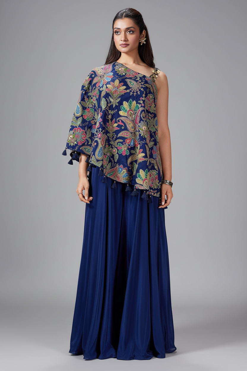 Blue Crepe Satin Silk Printed One Shoulder Asymmetrical Top and Palazzo Set - blue silk saree