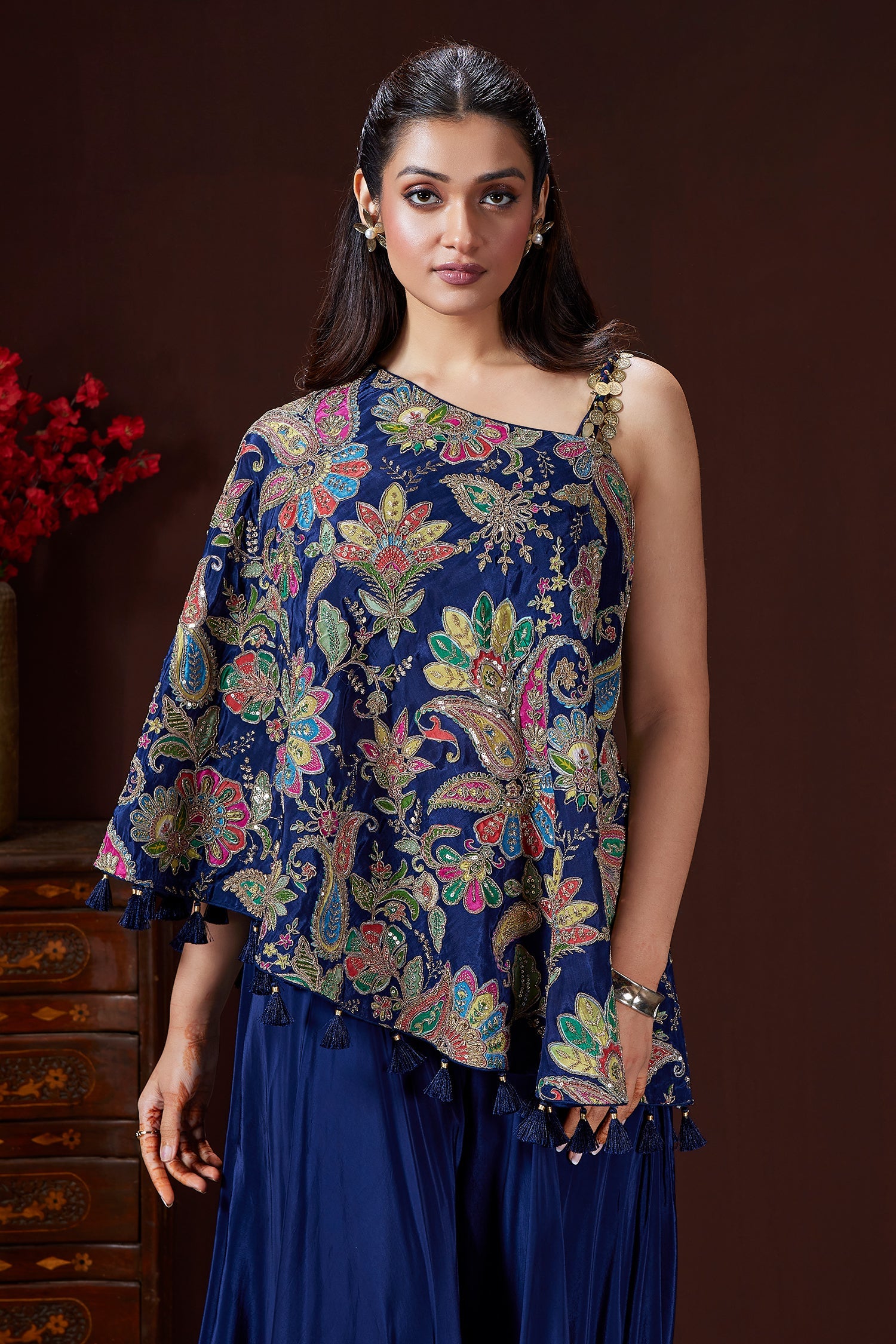 Blue Crepe Satin Silk Printed One Shoulder Asymmetrical Top and Palazzo Set - blue silk saree